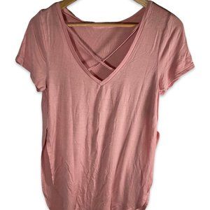 Size: Medium - Pink T-Shirt w/ Hi-Lo Hem & Criss-Cross Neckline